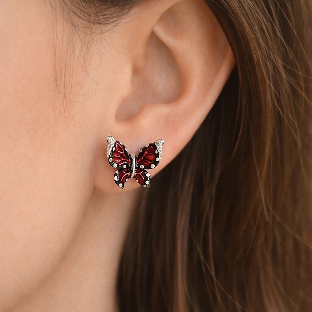 New Red and Black Enamel Butterfly Earrings Sterling Silver